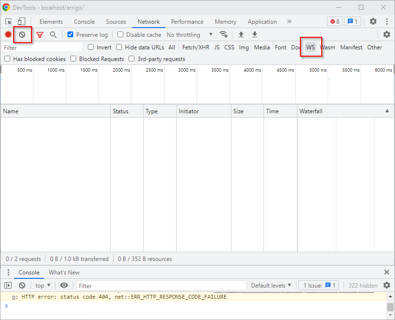 Network tab, WS and clear logs